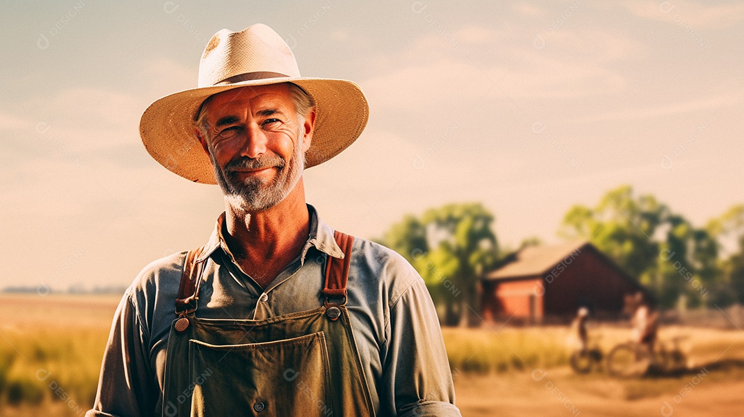 Homem agricultor chapéu de palha em pé terras agrícolas sorrindo