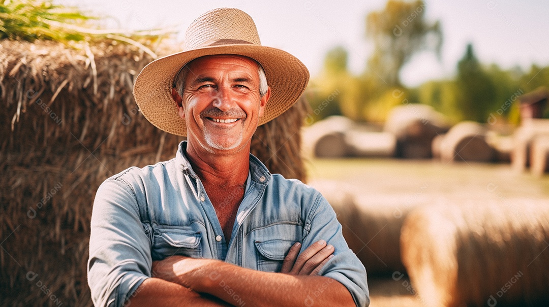 Homem agricultor chapéu de palha em pé terras agrícolas sorrindo