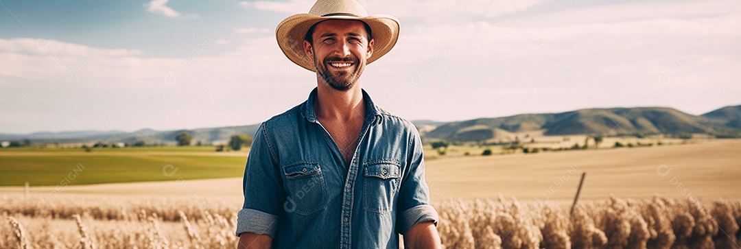 Homem agricultor chapéu de palha em pé terras agrícolas sorrindo