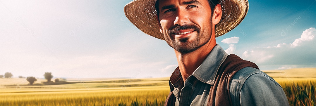 Homem agricultor chapéu de palha em pé terras agrícolas sorrindo