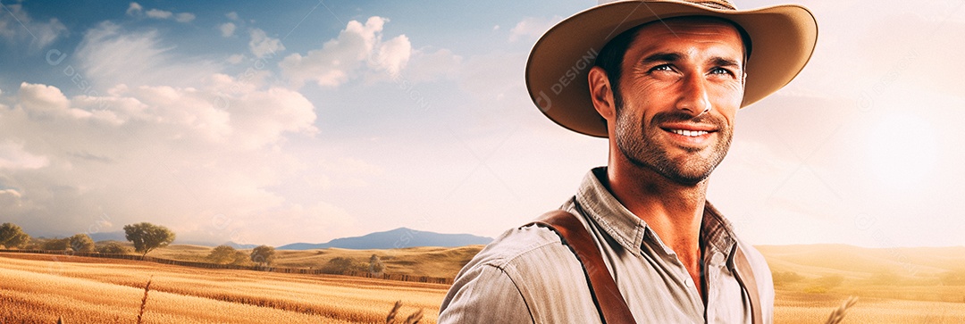 Homem agricultor chapéu de palha em pé terras agrícolas sorrindo