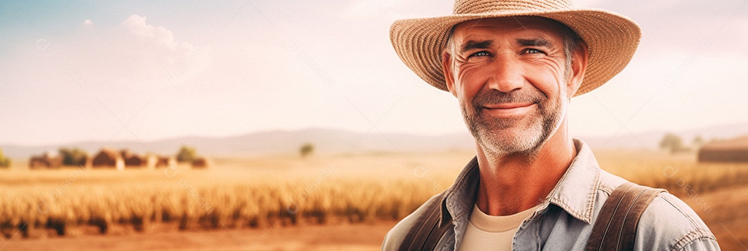 Homem agricultor chapéu de palha em pé terras agrícolas sorrindo