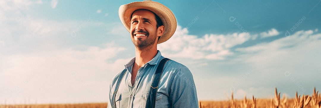 Homem agricultor chapéu de palha em pé terras agrícolas sorrindo