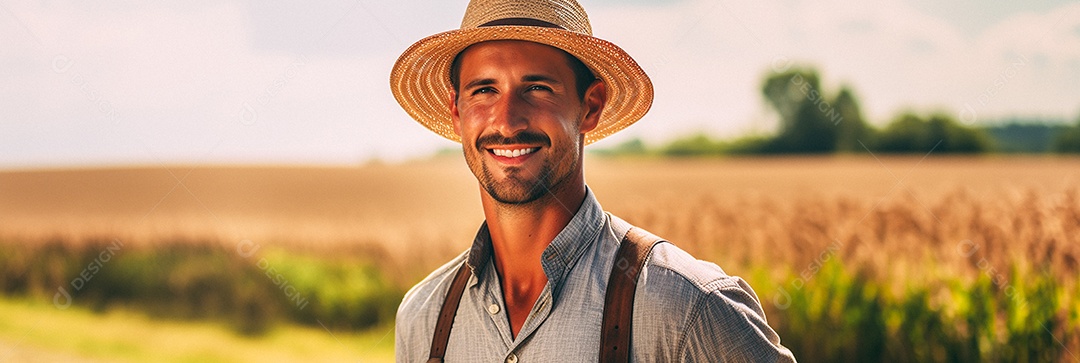 Homem agricultor chapéu de palha em pé terras agrícolas sorrindo