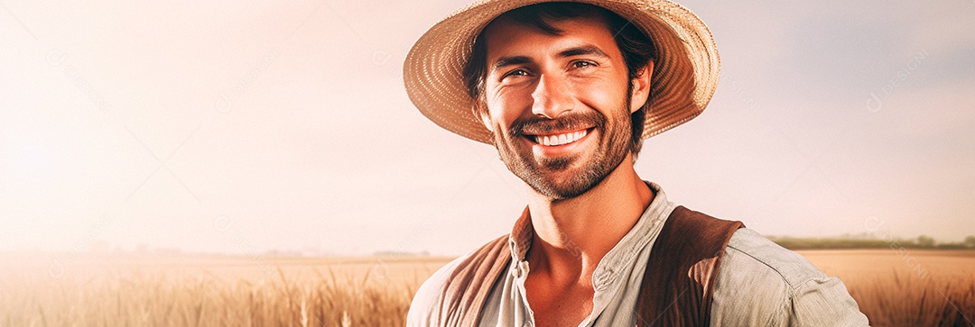 Homem agricultor chapéu de palha em pé terras agrícolas sorrindo