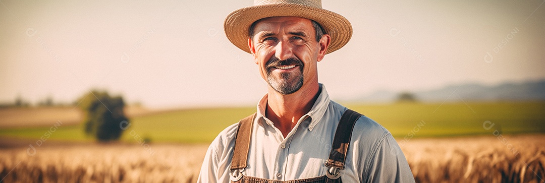 Homem agricultor chapéu de palha em pé terras agrícolas sorrindo