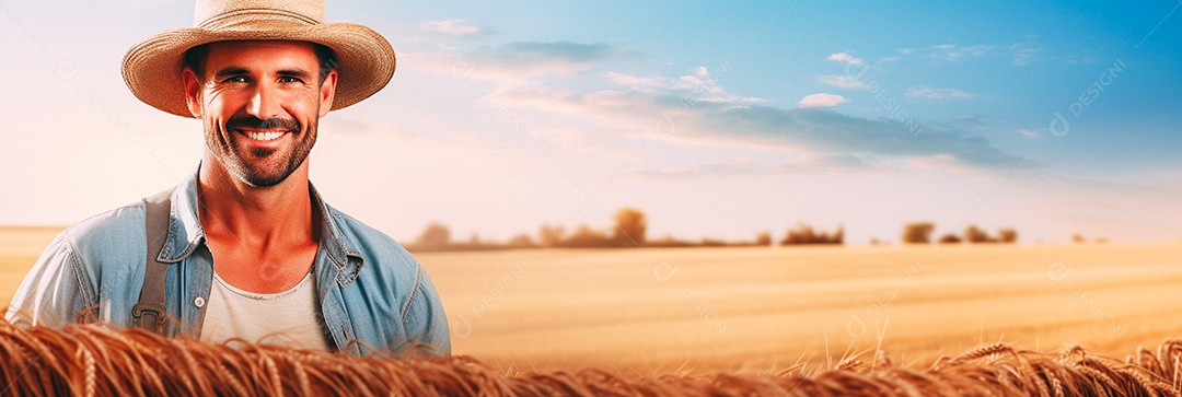 Homem agricultor chapéu de palha em pé terras agrícolas sorrindo