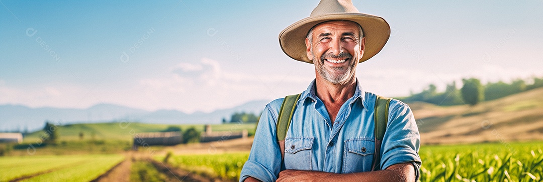 Homem agricultor chapéu de palha em pé terras agrícolas sorrindo