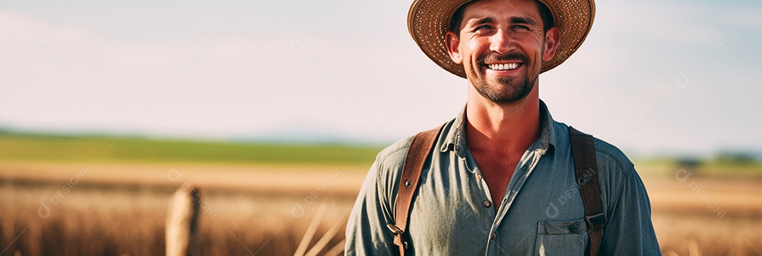 Homem agricultor chapéu de palha em pé terras agrícolas sorrindo