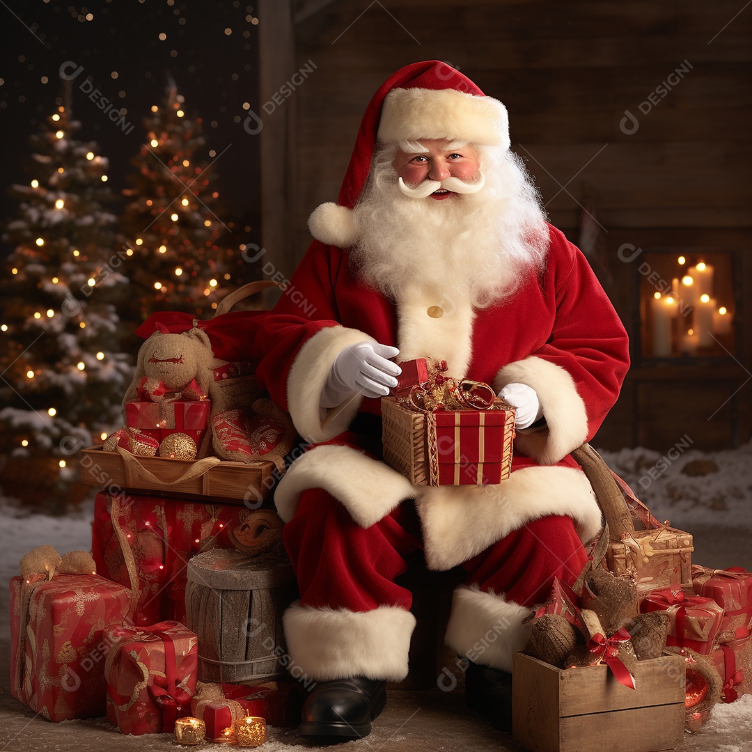 Papai noel com presente no colo árvores de natal