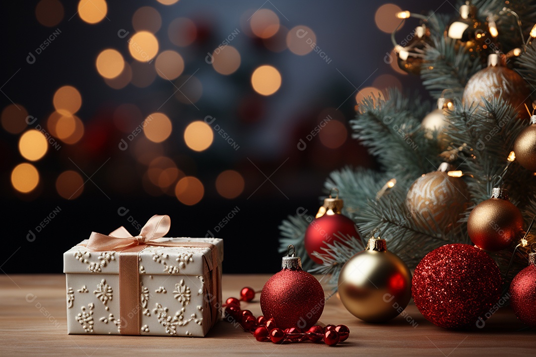 Background of christmas tree and red gift box on a christmas empty background with copy space 00158