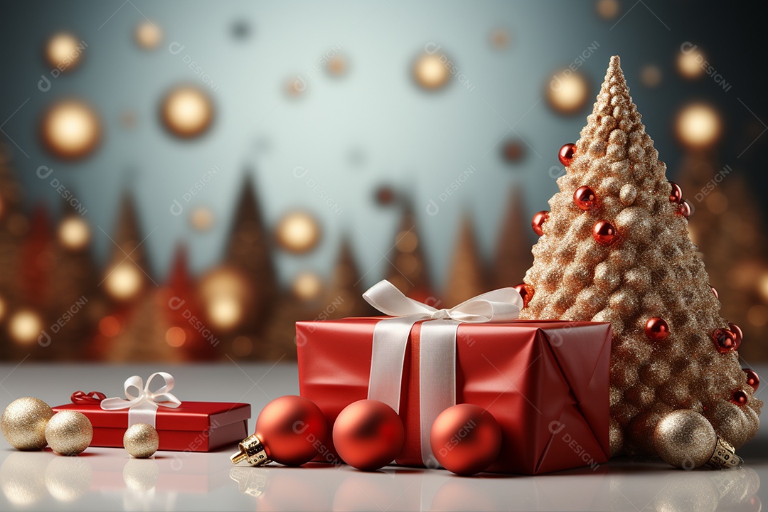 Fundo da árvore de natal e caixa de presente vermelha em um fundo vazio de natal