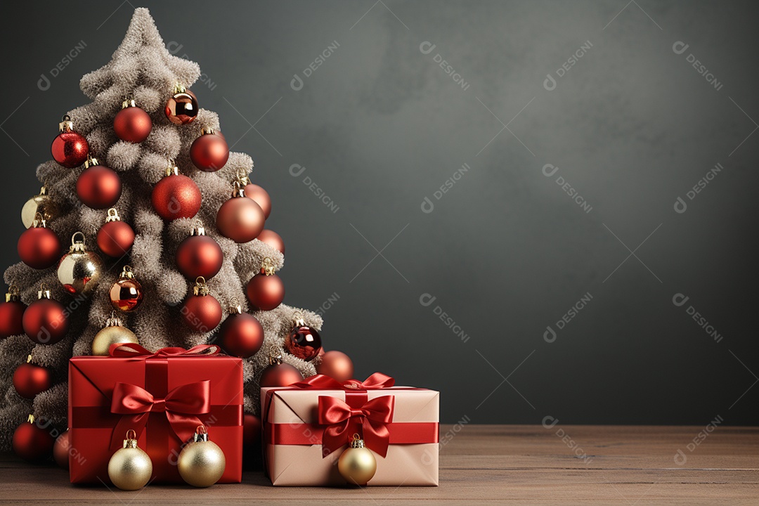 Fundo da árvore de natal e caixa de presente vermelha em um fundo vazio de natal