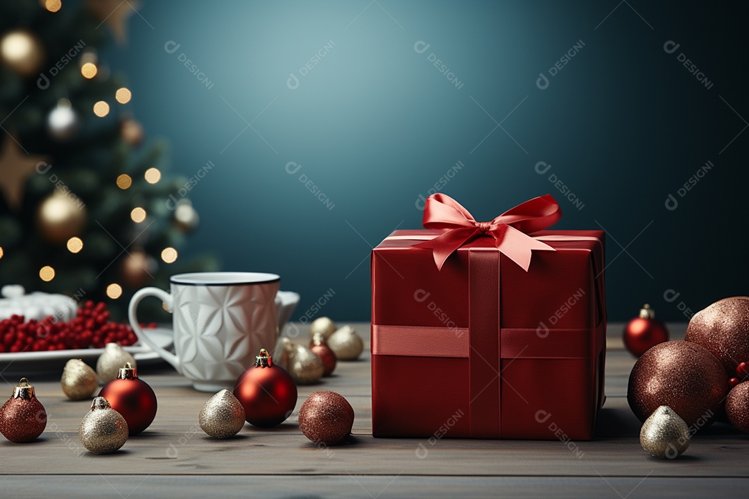 Fundo da árvore de natal e caixa de presente vermelha em um fundo vazio de natal