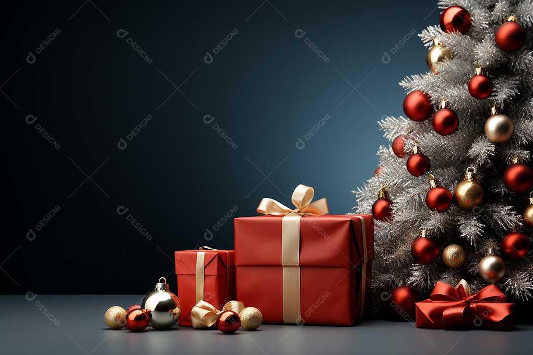 Fundo da árvore de natal e caixa de presente vermelha em um fundo vazio de natal