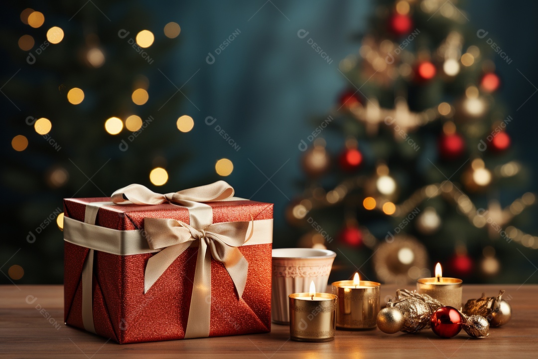 Fundo da árvore de natal e caixa de presente vermelha em um fundo vazio de natal