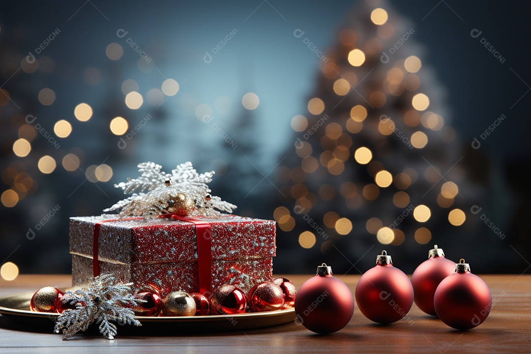 Fundo da árvore de natal e caixa de presente vermelha em um fundo vazio de natal