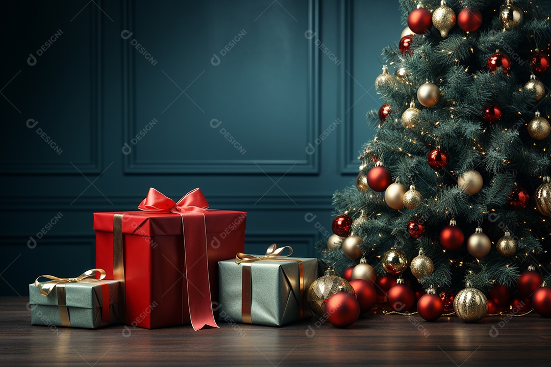 Fundo da árvore de natal e caixa de presente vermelha em um fundo vazio de natal