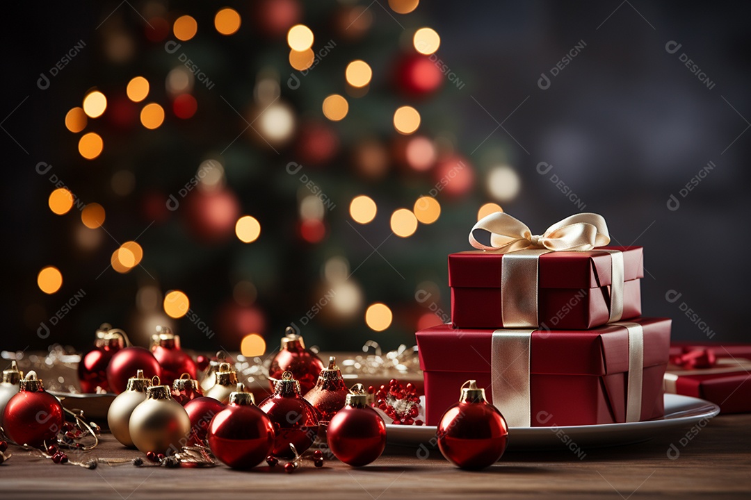 Fundo da árvore de natal e caixa de presente vermelha em um fundo vazio de natal