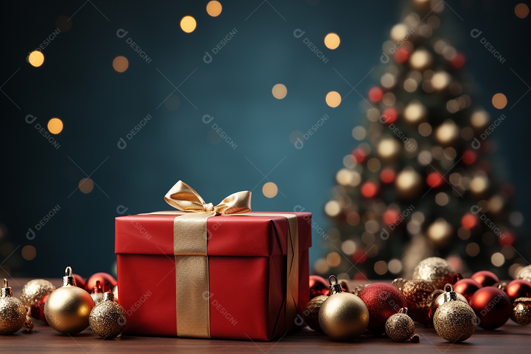 Fundo da árvore de natal e caixa de presente vermelha em um fundo vazio de natal