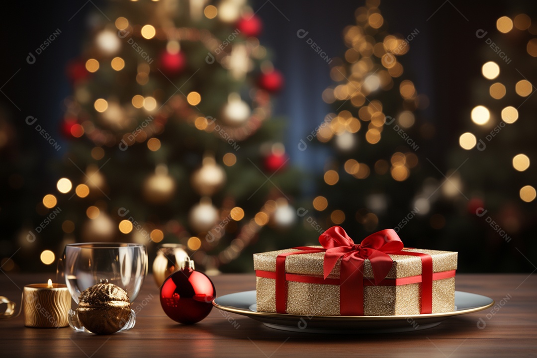 Fundo da árvore de natal e caixa de presente vermelha em um fundo vazio de natal