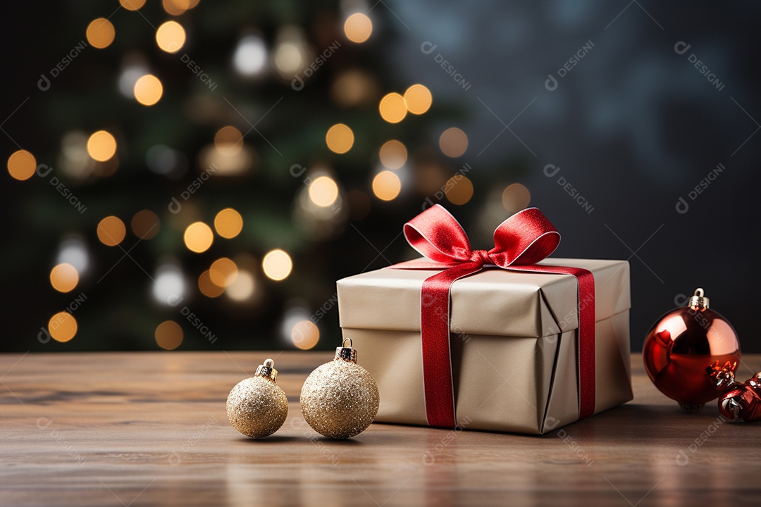 Fundo da árvore de natal e caixa de presente vermelha em um fundo vazio de natal