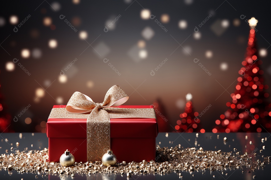 Fundo da árvore de natal e caixa de presente vermelha em um fundo vazio de natal