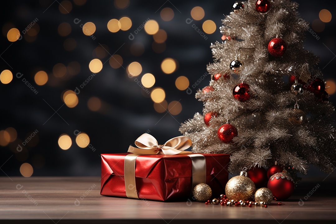 Fundo da árvore de natal e caixa de presente vermelha em um fundo vazio de natal