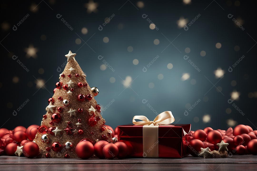 Fundo da árvore de natal e caixa de presente vermelha em um fundo vazio de natal