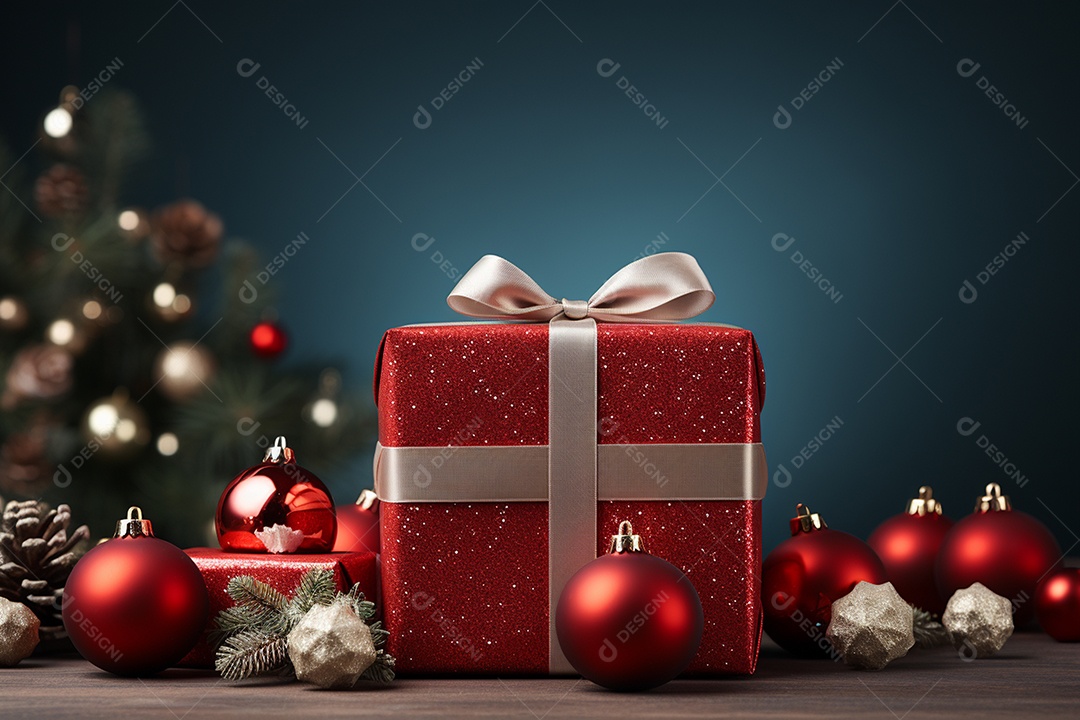 Fundo da árvore de natal e caixa de presente vermelha em um fundo vazio de natal