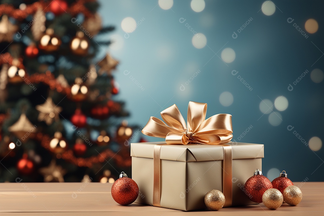 Fundo da árvore de natal e caixa de presente vermelha em um fundo vazio de natal