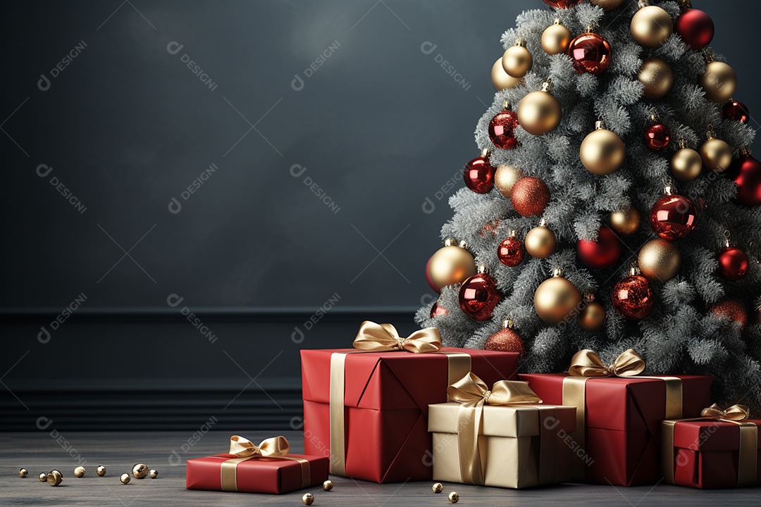 Fundo da árvore de natal e caixa de presente vermelha em um fundo vazio de natal