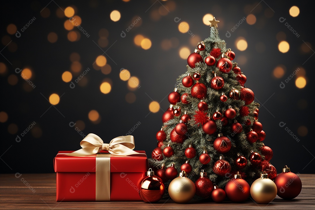 Fundo da árvore de natal e caixa de presente vermelha em um fundo vazio de natal