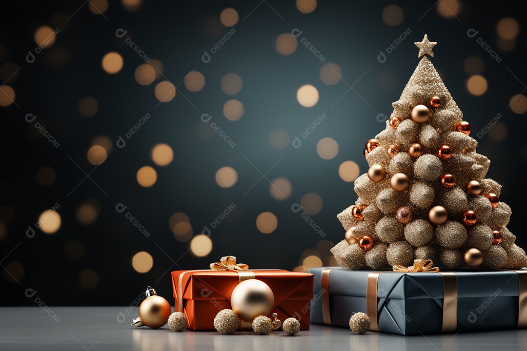 Fundo da árvore de natal e caixa de presente vermelha em um fundo vazio de natal