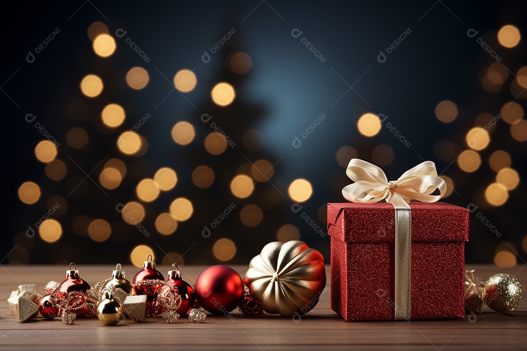 Fundo da árvore de natal e caixa de presente vermelha em um fundo vazio de natal