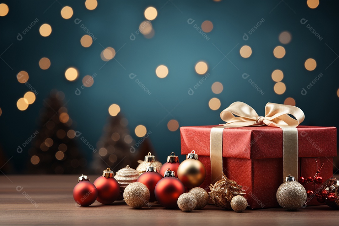 Fundo da árvore de natal e caixa de presente vermelha em um fundo vazio de natal