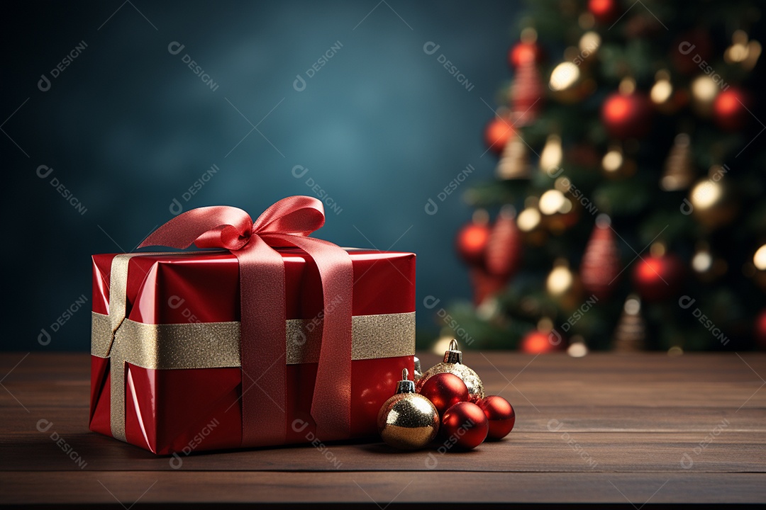 Fundo da árvore de natal e caixa de presente vermelha em um fundo vazio de natal