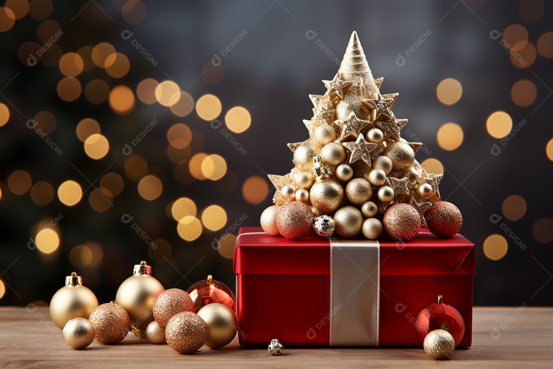 Fundo da árvore de natal e caixa de presente vermelha em um fundo vazio de natal