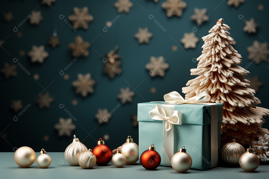 Fundo da árvore de natal e caixa de presente vermelha em um fundo vazio de natal