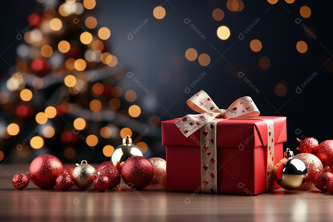 Fundo da árvore de natal e caixa de presente vermelha em um fundo vazio de natal