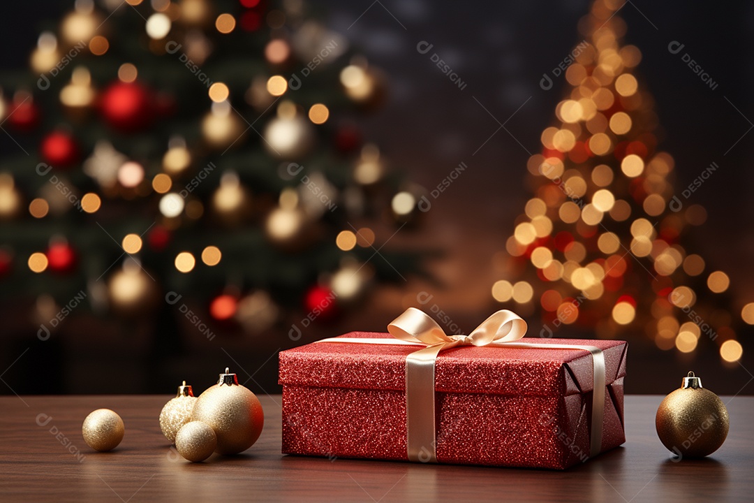 Fundo da árvore de natal e caixa de presente vermelha em um fundo vazio de natal