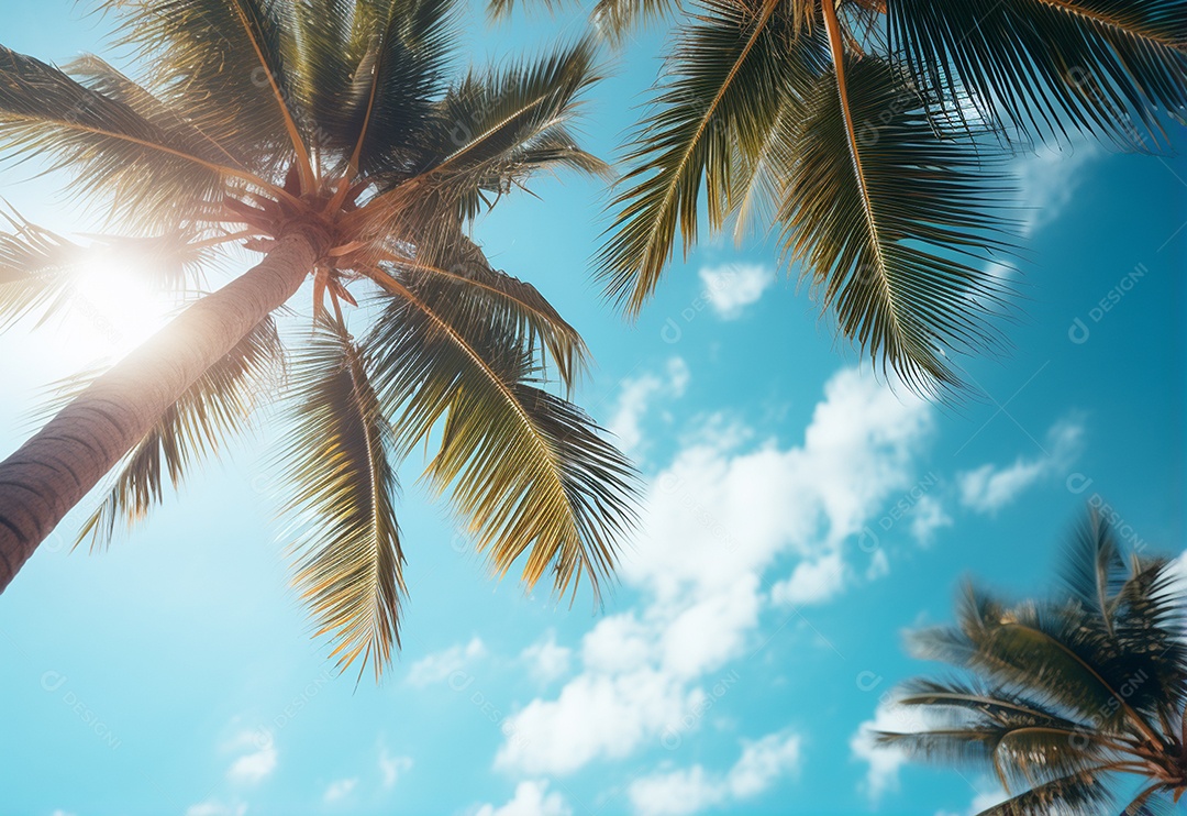 Blue sky and palm trees view from below, vintage style, tropical beach and summer background, travel concept realistic image 00247
