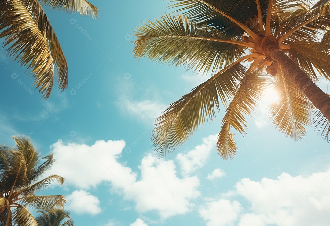 Céu azul e palmeiras vista de baixo, estilo vintage, praia tropical e fundo de verão, imagem realista do conceito de viagem