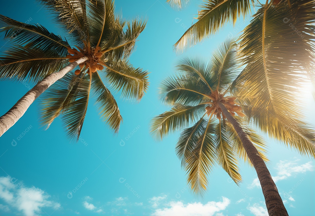 Céu azul e palmeiras vista de baixo, estilo vintage, praia tropical e fundo de verão, imagem realista do conceito de viagem