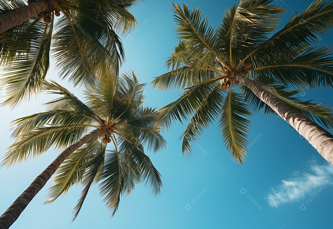 Blue sky and palm trees view from below, vintage style, tropical beach and summer background, travel concept realistic image 00363