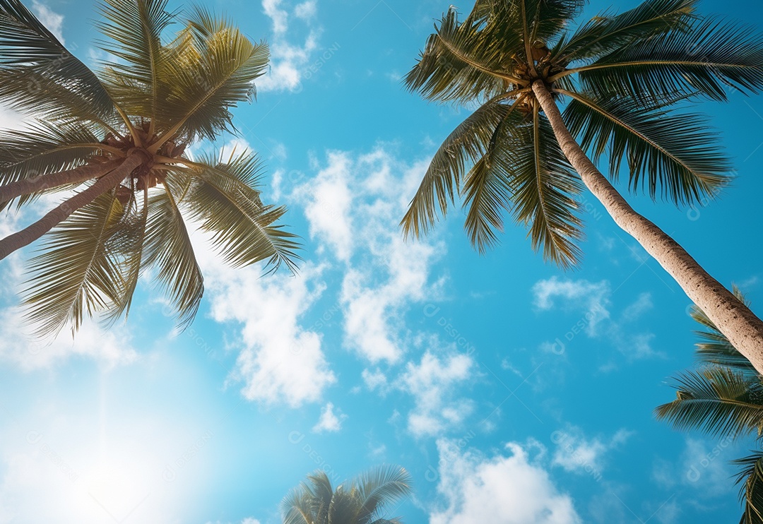 Céu azul e palmeiras vista de baixo, estilo vintage, praia tropical e fundo de verão, imagem realista do conceito de viagem