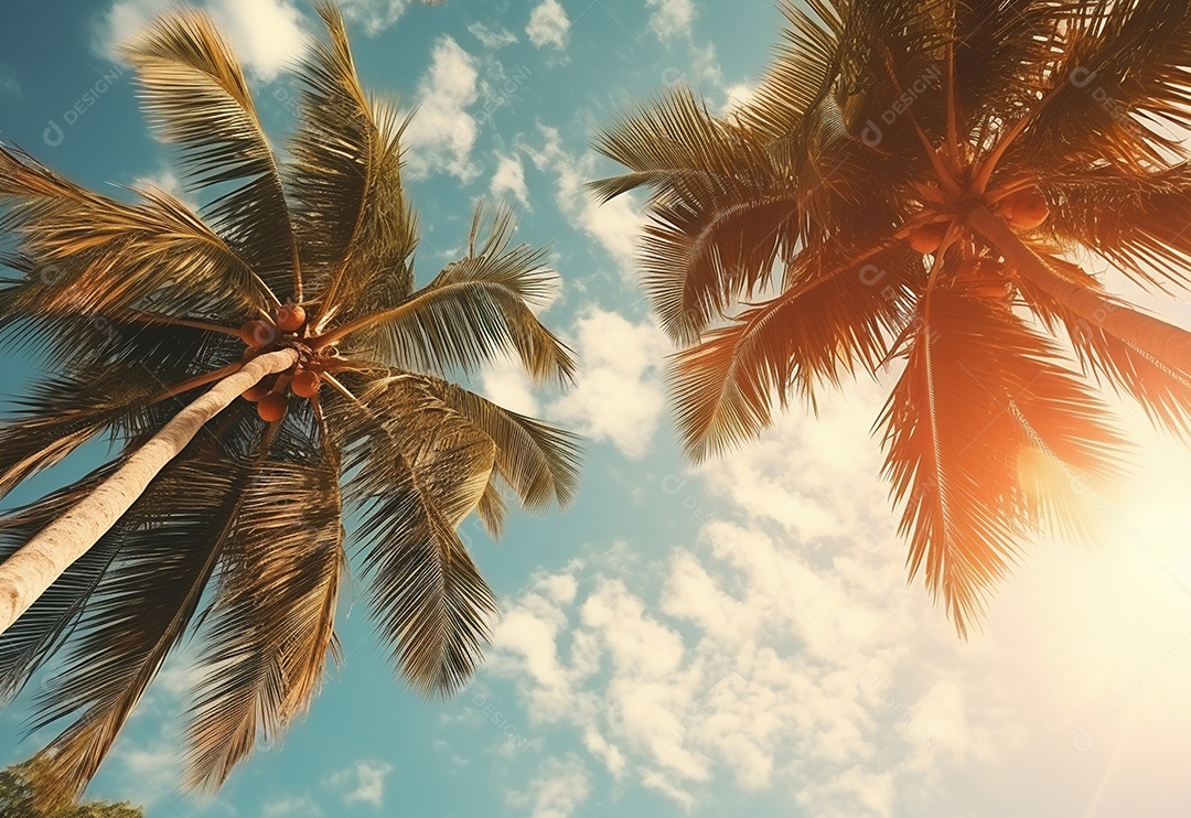 Céu azul e palmeiras vista de baixo, estilo vintage, praia tropical e fundo de verão, imagem realista do conceito de viagem