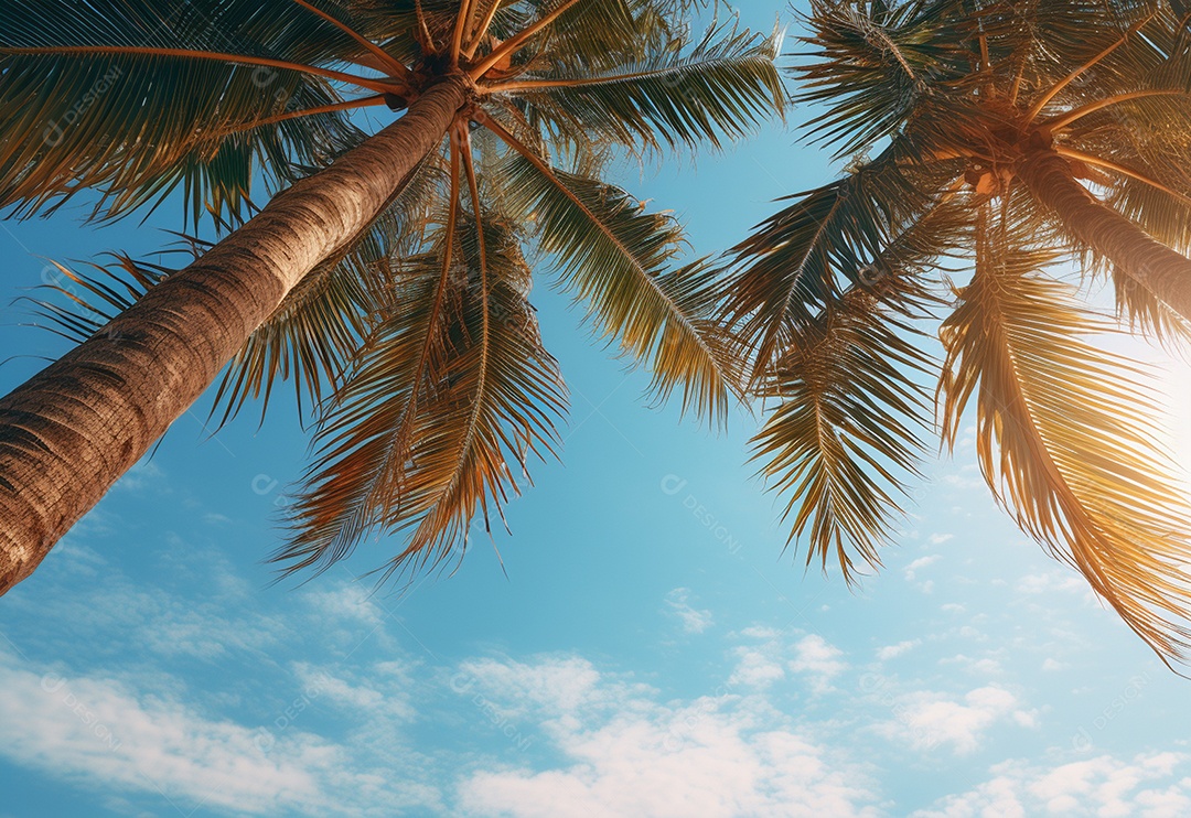 Céu azul e palmeiras vista de baixo, estilo vintage, praia tropical e fundo de verão, imagem realista do conceito de viagem