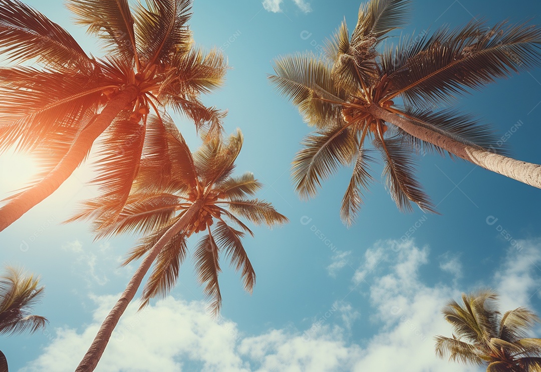 Céu azul e palmeiras vista de baixo, estilo vintage, praia tropical e fundo de verão, imagem realista do conceito de viagem