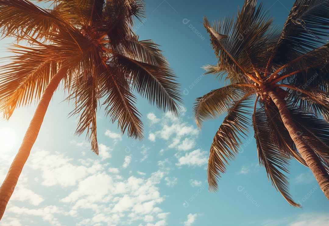 Céu azul e palmeiras vista de baixo, estilo vintage, praia tropical e fundo de verão, imagem realista do conceito de viagem